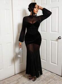 BamGleam Women's Mesh Panel Stand Collar Long Sleeve Simple Long Dress - Black - View 5