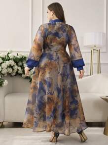 Modelyn High-End Fashion Elegant Printed Patchwork Satin Waistline Flared Hem Dress - Multicolor - View 2