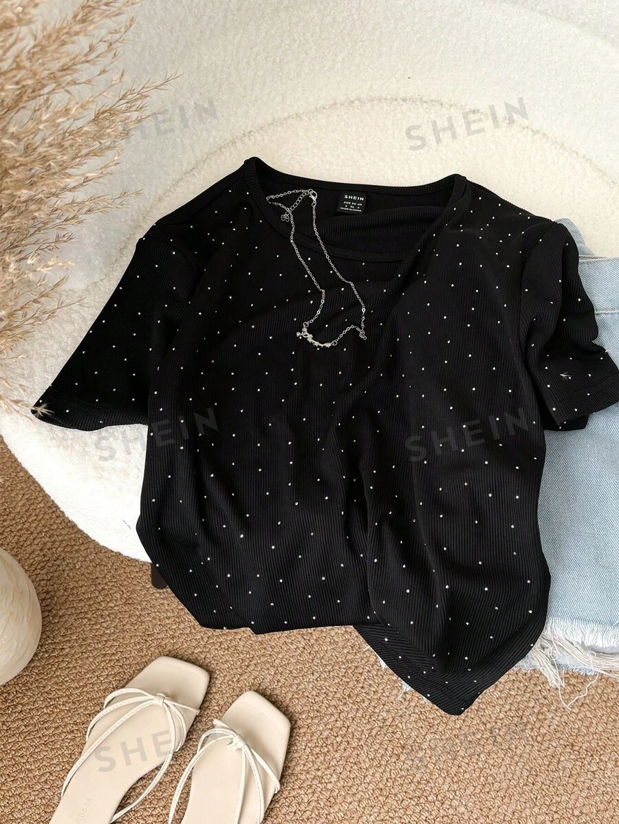 SHEIN LUNE Camiseta ajustada de mujer casual con decoración de cristales, adecuada para fiestas y salidas