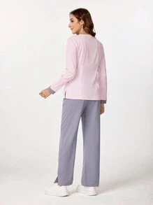 TaskEZ Conjunto de blusa y pantalón de un solo color, estilo minimalista con mangas largas para mujer. Conjunto de uniforme de enfermería con parte superior e inferior, transpirable y con bolsillos. Conjunto de uniforme de enfermería con parte superior con cuello en V y pantalón de pierna recta. Conjunto de uniforme de enfermería con parte superior elástica y pantalón cargo con cordón.