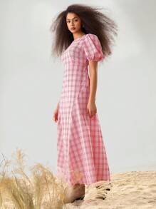 Athîral Women's Round Neck Short Puff Sleeve Open Back Red Gingham Plaid Casual Dress Elegant