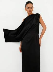 Aveloria Modichic Commuter Asymmetrical Neckline Spaghetti Strap Sleeveless Ruffle Falbala Ruched Mock Dress For Women - Black - View 2