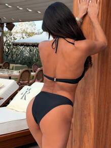 Swim SXY Women's 2pcs Set Black Steel Supported Ruched Sexy Bikini Swimwear, For Summer Beach Vacation - Black - View 2