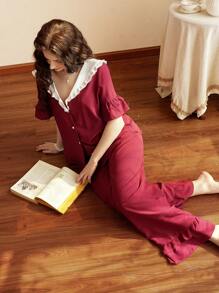 Côtesoire French Retro Peter Pan Collar Ruffled Trim Women Pajama Set Holidayseason