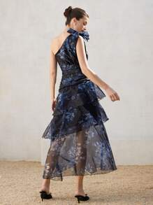 Femmeiva Elegant French Black Floral Chiffon Dress For Summer Wedding, Asymmetrical Layered Cinched Waist One Shoulder High-End Sophisticated Style - Multicolor - View 2