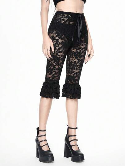 Goth Leggings transparentes con cordones y lazos en estilo romántico, de encaje, con capas, para mujer, color negro, en estilo gótico y natural