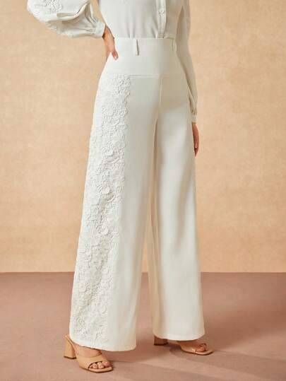 Oxana Designer Vit Broderad Spets Applikation Bred Ben Eleganta Byxor Festival Outfits Ramadan Bröllop Gäst För Kvinna Elegant För Kvinna Petite Spetsbyxor Kvinna Formell Outfits För Kvinnor Kvinnor Formell klänning Kvinnor Byxor