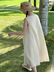 DAZY Tween Girls' Solid Color Crew Neck Pleated Sleeveless Casual Dress,Girls Summer Outfits,Back To School Clothes - Apricot - View 4