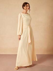 Oxana Designer weißes elegantes langes Ärmeln Knoten A-Linien Rundhals Maxikleid, Festival Outfits, Hochzeitssaison, für Frauen, Konzert, Elegant, Urlaub, Business Lässig, Minimalismus, Abiballkleid