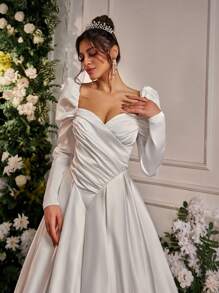 Glamrae Elegante romantische witte hartkraag gerimpelde bisschopsmouw V-hals taille split gerimpelde extra grote rok prachtige trouwjurk voor huwelijksceremonie