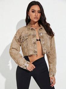 SHEIN Essnce Denim Jacket, Casual & Fashionable For Daily Wear - Khaki - View 3