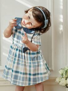 SHEIN 女婴复古格子领短袖连衣裙，带蝴蝶结装饰，休闲春秋装