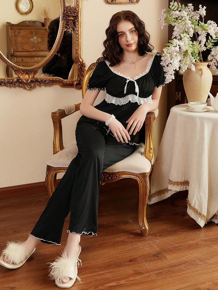Côtesoire Elegant Lace Patchwork Bowknot Lady Pajama Set Holiday Season, Vacation