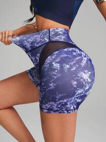 Innovista Women's Tie-Dye Marble Print High Waist Yoga Shorts With Mesh Panel Detail For Gym Workout