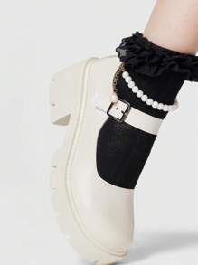 ROMWE Kawaii 女士白色玛丽珍小皮鞋，带带扣的封闭式鞋头哥特式鞋，仿珍珠系带乐福鞋，厚底和厚底平底鞋 - 米色 - 查看 3