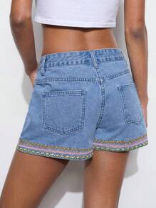 Maija Women's Fitted Denim Shorts With Embroidery, Blue Color, Going Out, Vintage - Medium Wash - View 3
