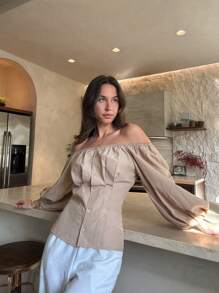 Cottnline 女士露肩灯笼袖纯色衬衫