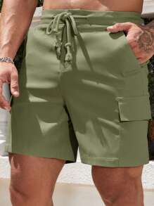 Manfinity Homme Men's Solid Color Drawstring Waist Cargo Pocket Casual Shorts - Mint Green - View 3