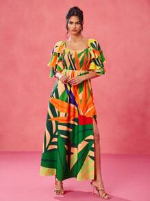 BELANGE HANDMADE Designer Boho Bohemian Multicolor Print Shirred Bodice Tiered Ruffle Sleeves Slit Maxi Sun Dress, Summer Vacation, Festival, Tropical, Beach, For Women, Concert, Elegant, Concert Outfit, Ibiza Fits, Prom Dress Wedding Rave Outfit