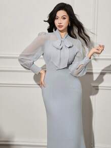 DAZY 女士中长连衣裙，带荷叶边领、泡泡袖和褶饰细节，优雅秋季长袖连衣裙