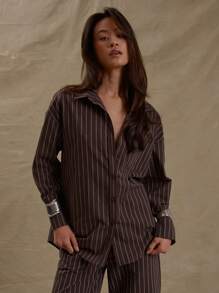MUSERA Oversized Longline Button Down Collared Pinstripe Long Sleeve Shirt Vacation Business Casual Holiday Back To School  Elegant Spring Summer - Multicolor - View 1