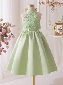 SHEIN Váy midi đính hoa cổ bẻ không tay thanh lịch cho bé gái tuổi teen - Màu xanh Bạc hà - Xem 5