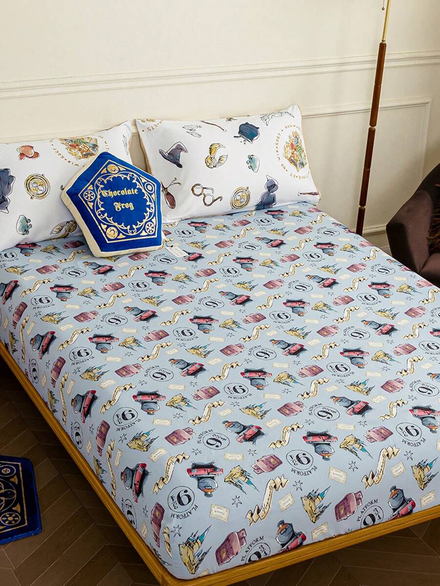 HARRY POTTER X SHEIN 1 Pc Allover Printed Fitted Sheet,Double/Full/Queen/King/California King Size Bed -Soft Microfiber Material Gifts,Back To School - Baby Blue - View 1