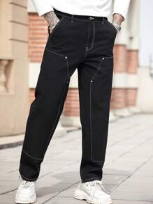 Manfinity Homme Men's Black Skinny Straight Leg Jeans, Minimalist Casual For Everyday Wear