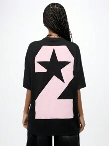 SUMWON WOMEN Oversized Varsity T-Shirt Gothic Cross Necklace Grunge Alternative Style Street Fashion Aesthetic Star Logo Short Sleeve Casual Top Fall Winter Collection - Black - View 2