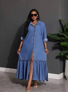 SHEIN Lady Plus Size Damska Sukienka Jeansowa Długi Rękaw Luźna Niebieska Sukienka Koszulowa Sukienka Z Rozcięciem z Boku Sukienka Z Falbanką Sukienka Plus Długość Stroje Letnie Dla Kobiet Stroje Wakacyjne Damskie Romantyczne Sukienki Letnie Sukienki Dla Kobiet Sukienki Wiosenne Dla Kobiet Stroje Cowgirl Dla Kobiet Stroje Boho Rave Festiwal