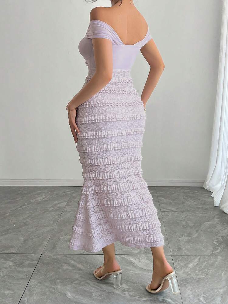 Sheer Mesh Tie-Front Off Shoulder Textured Lace Patchwork Bodycon Dress For Women Prom Dress Elegant,Formal Women Dresses Cocktail Dress