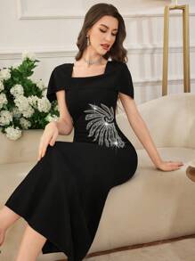 Modelyn Elegant Beaded Bodycon Mini Dress For Women - Black - View 3