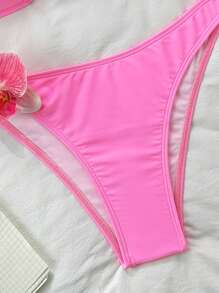 Swim Mod 粉色花朵单肩 2 件套比基尼套装，夏季新款泳衣，节日波西米亚风 - 粉色 - 查看 4