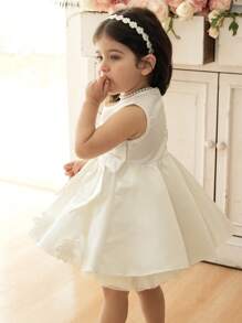 Baby Girls' Plus Size A-Line Dress With Solid Color, High-End Bow And 3D Floral Decor