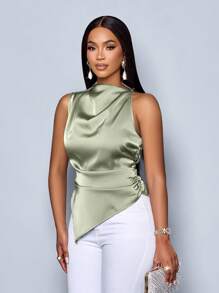 SOLERSUN Women's Fashionable Solid Color Ruched Cowl Sleeveless Asymmetrical Hem Satin Blouse