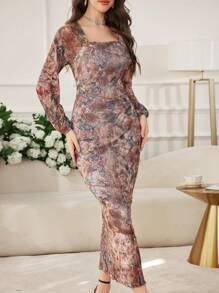 Modelyn Women's Long Tie-Dye Floral Print Bodycon Dress, Elegant And Charming, Spring/Summer