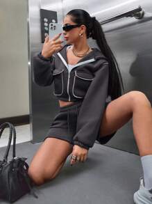EURMUSE Casual Street Style Hooded Sweatshirt And Shorts Set, Contrast Binding Design, Spring/Summer - Dark Grey - View 3