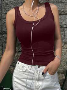 DAZY Áo ba lỗ màu trơn cho nữ, thời trang tối giản, mặc hàng ngày - Màu Đỏ Sâu - Xem 5