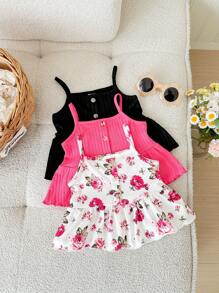 SHEIN LMoss Kids 3er Set süßer Baby Mädchen Floral Strick Volant Träger Top, vielseitiger Sommer Outfit