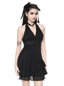 ROMWE Goth Vestido mini con borde con volantes, bordado con lentejuelas y diseño floral con tótem en negro