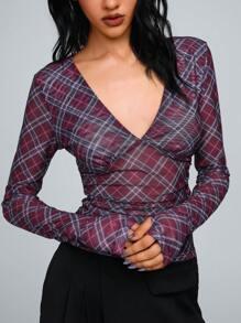 TRNVIE Plaid V-Neck Thumb Hole Tight Fit Top Fall Cloth For Women