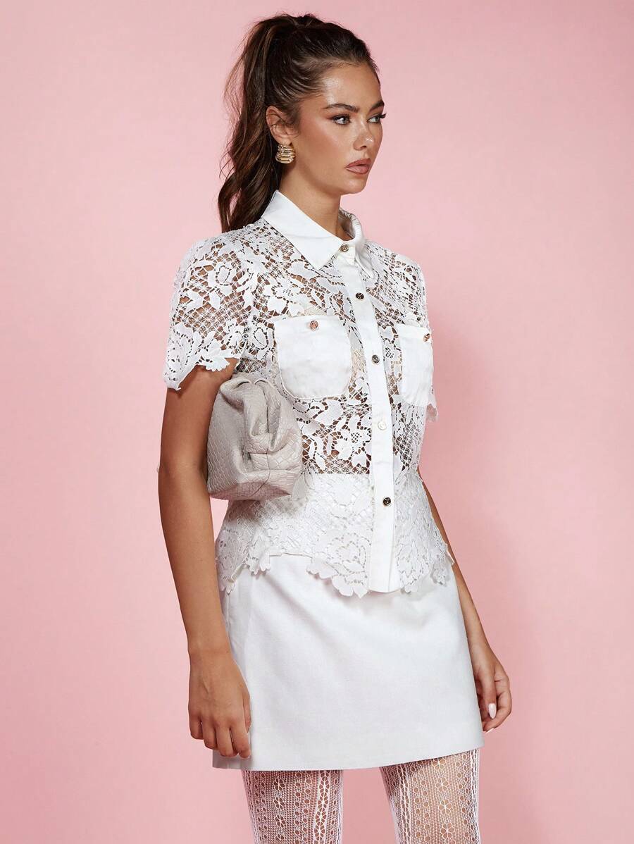 COSMINA Women's Front Button Short Sleeve Pocket Casual See-Through Shirt - White - View 1