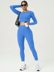 SHEIN Women Solid-Color Raglan Sleeve Long Sleeve Cropped T-Shirt And Leggings Sports Set - Blue - View 4