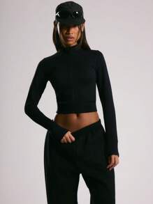 Musera Sport Ribbed Seamless ' Sport' Zip Through Sports Jacket, Padel, Tennis, Pickleball Gym Fitness - Black - View 1