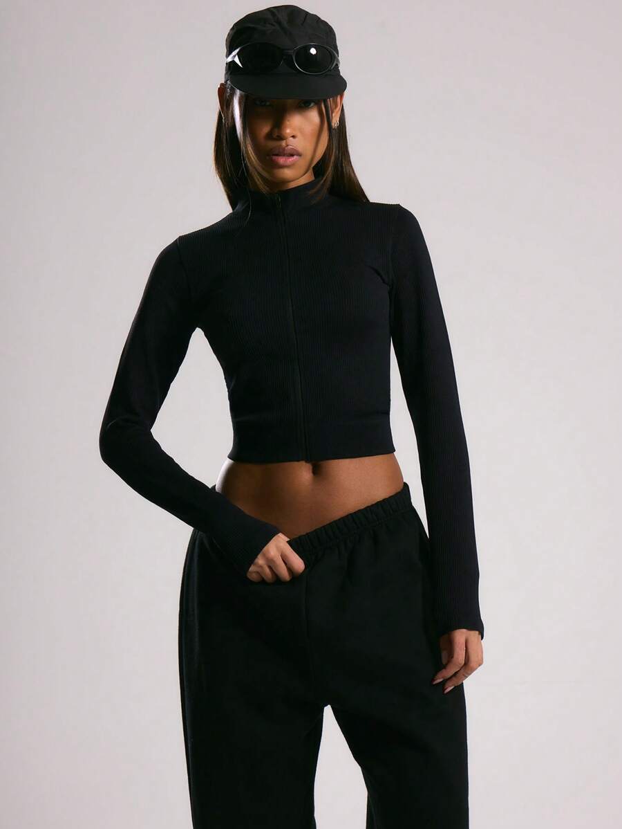 Musera Sport Ribbed Seamless ' Sport' Zip Through Sports Jacket, Padel, Tennis, Pickleball Gym Fitness - Black - View 1