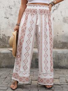 Breezaya Plus Size Women's Geometric Printed Wide Leg Pants, Boho Style, Versatile For Summer, Spring Break, Festivals, St. Patrick's Day - White - View 4