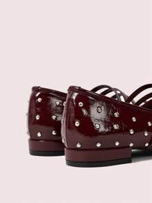 CUCCOO DOLLMOD Women's Flat Rivet Mary Jane Shoes, Cute Campus Style Low Heel - Burgundy - View 8