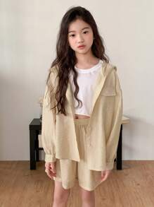 Dazy Kids 2pcs Tween Girl Plain Front Button Long Sleeve Top And Shorts Set - Yellow - View 7