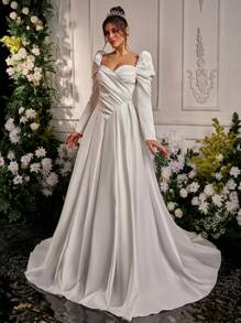Glamrae Elegante romantische witte hartkraag gerimpelde bisschopsmouw V-hals taille split gerimpelde extra grote rok prachtige trouwjurk voor huwelijksceremonie