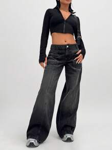 EURMUSE WOMEN LOW WAIST WIDELEG CUTLINE DETAIL - Dark Grey - View 3